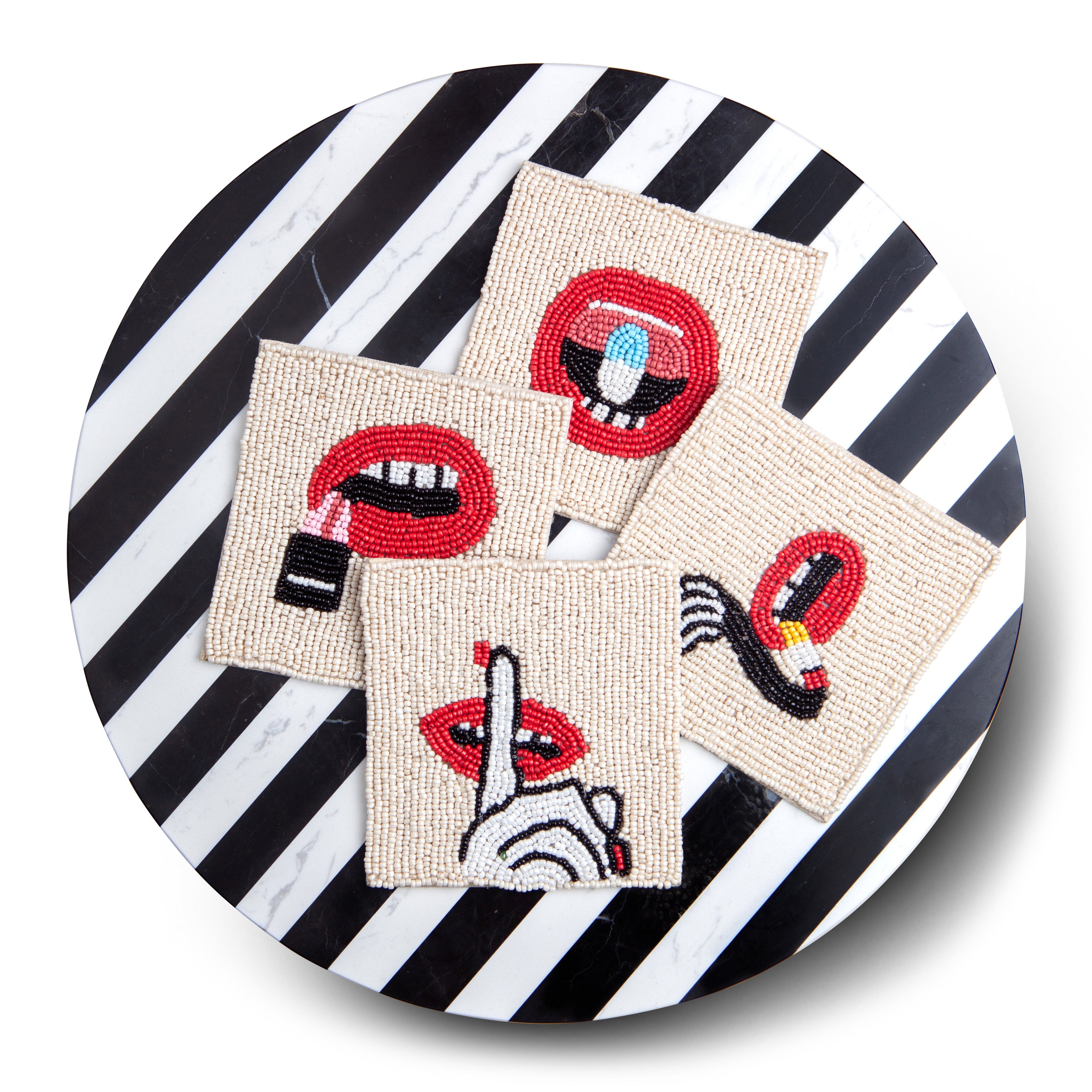 Beaded Hot Lips Drink Coasters | Set of 4