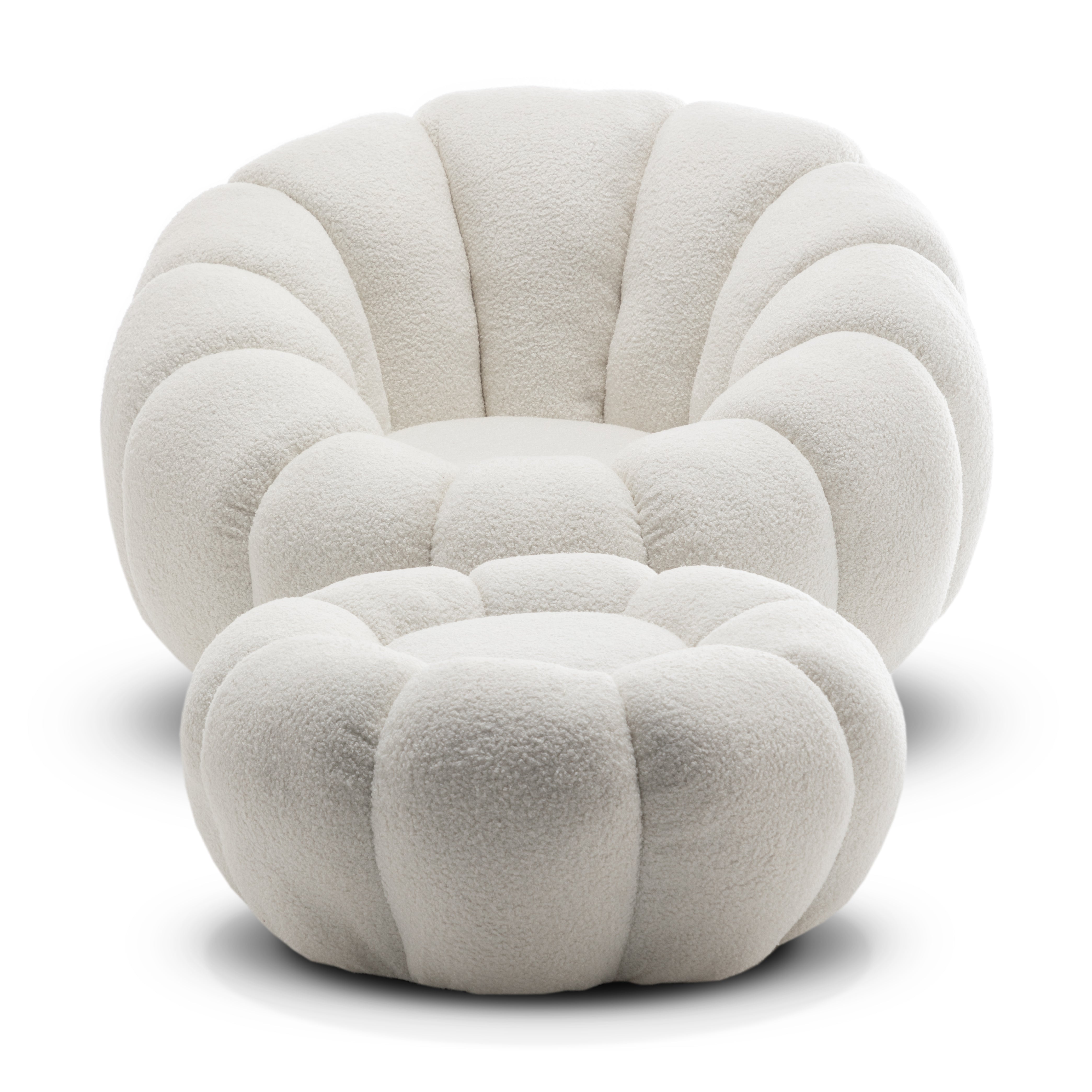 Teddy Boucle Fabric White Mirielle Swivel Accent Chair with Footstool