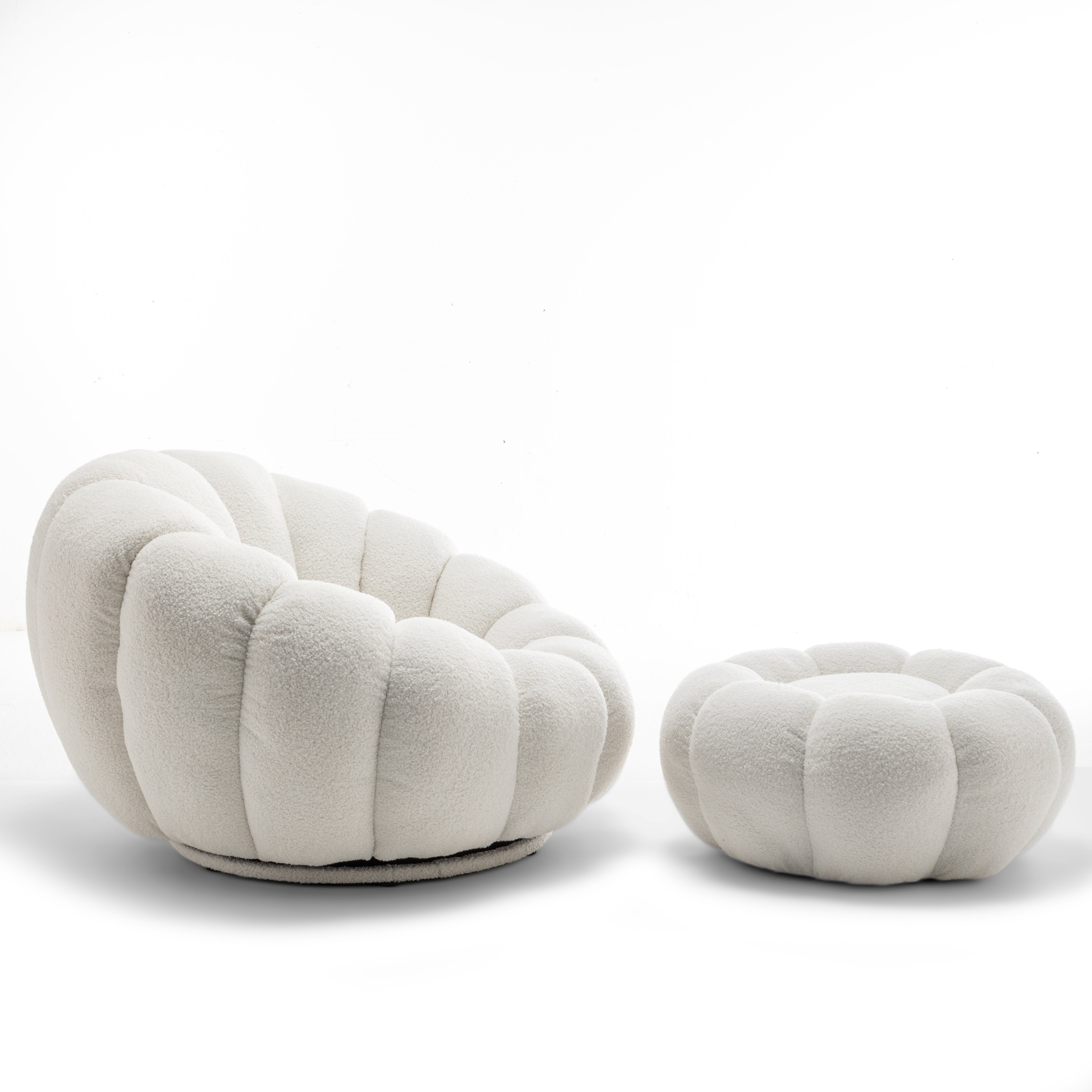 Teddy Boucle Fabric White Mirielle Swivel Accent Chair with Footstool
