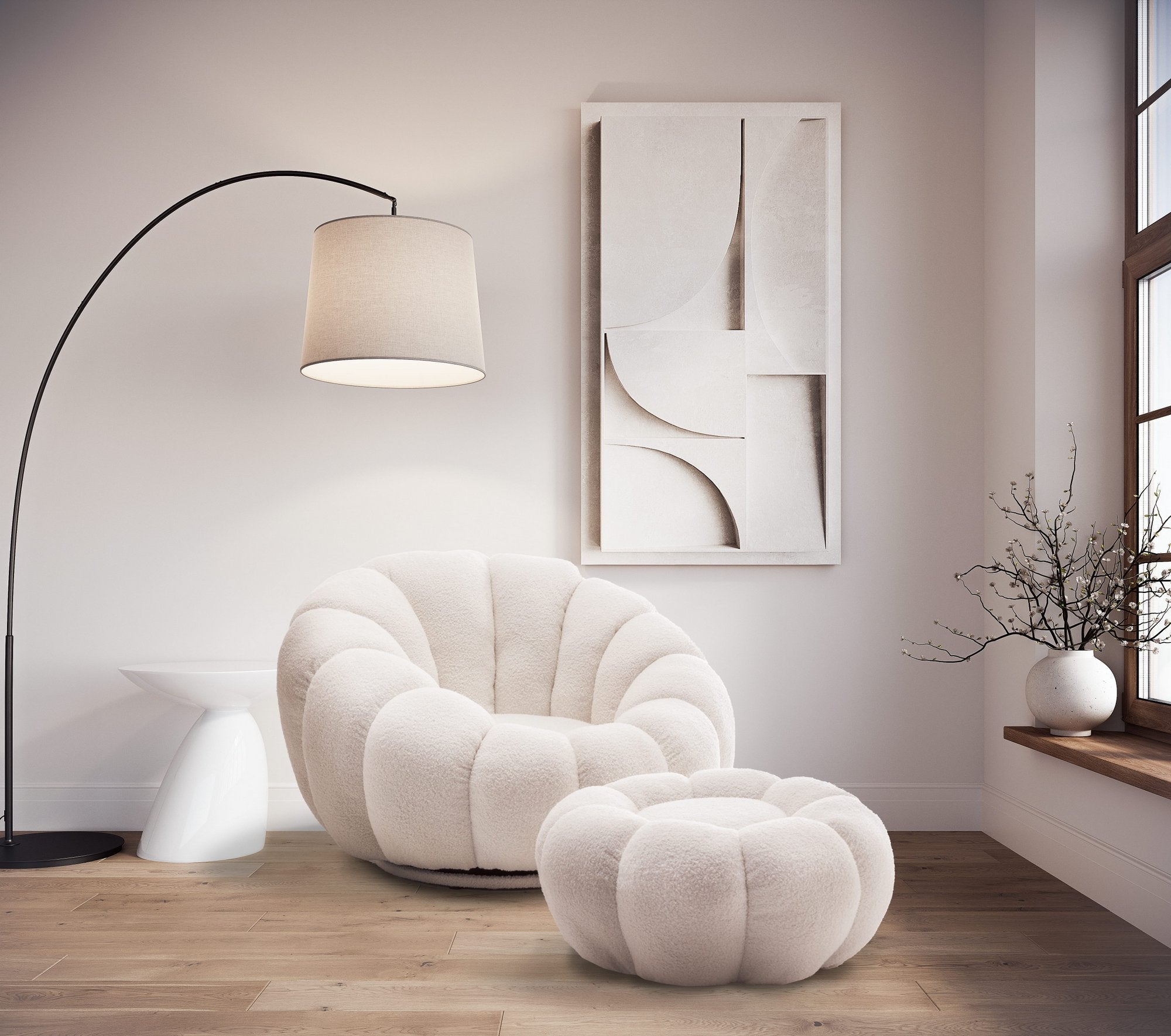 Teddy Boucle Fabric White Mirielle Swivel Accent Chair with Footstool
