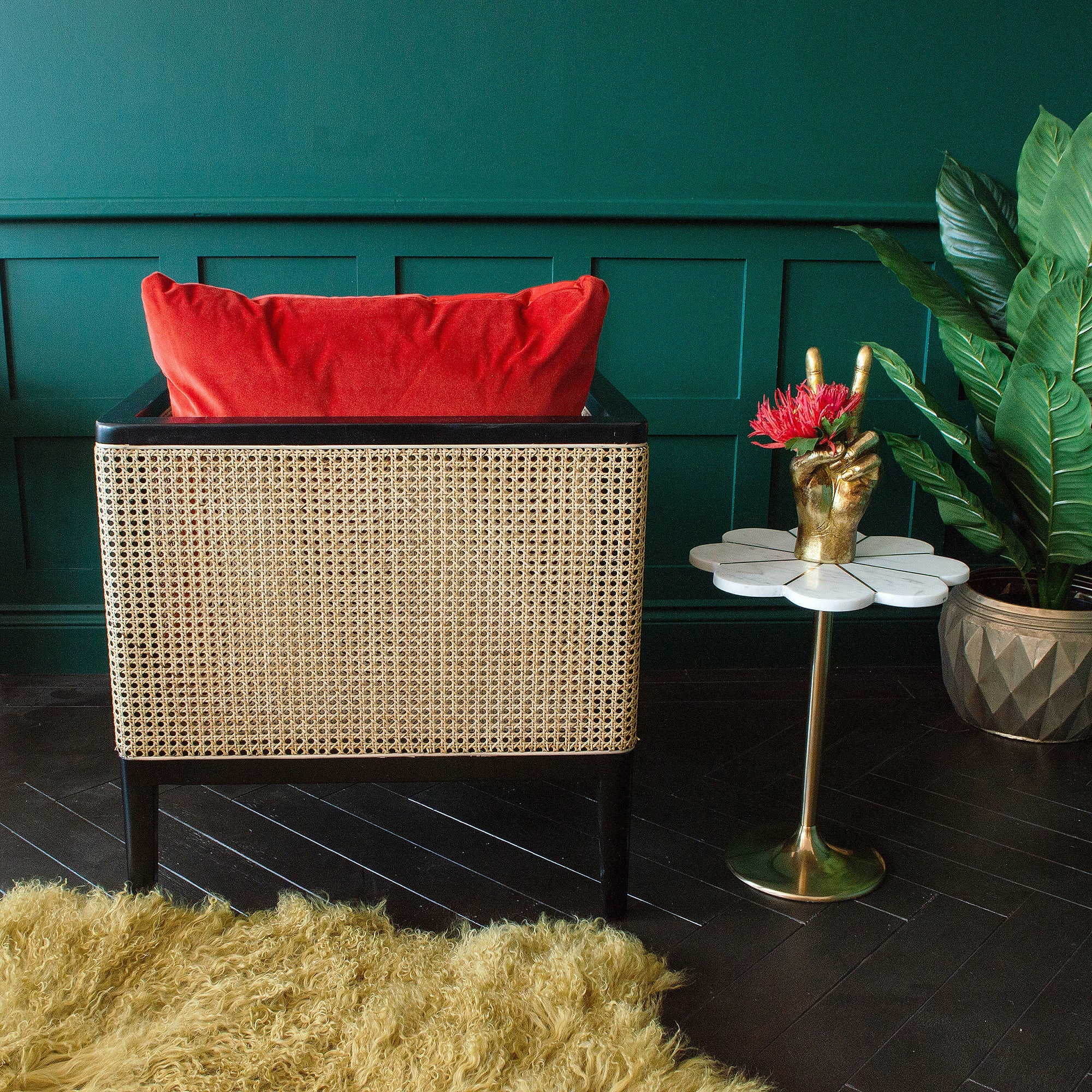 Anouk Red Velvet and Rattan Armchair