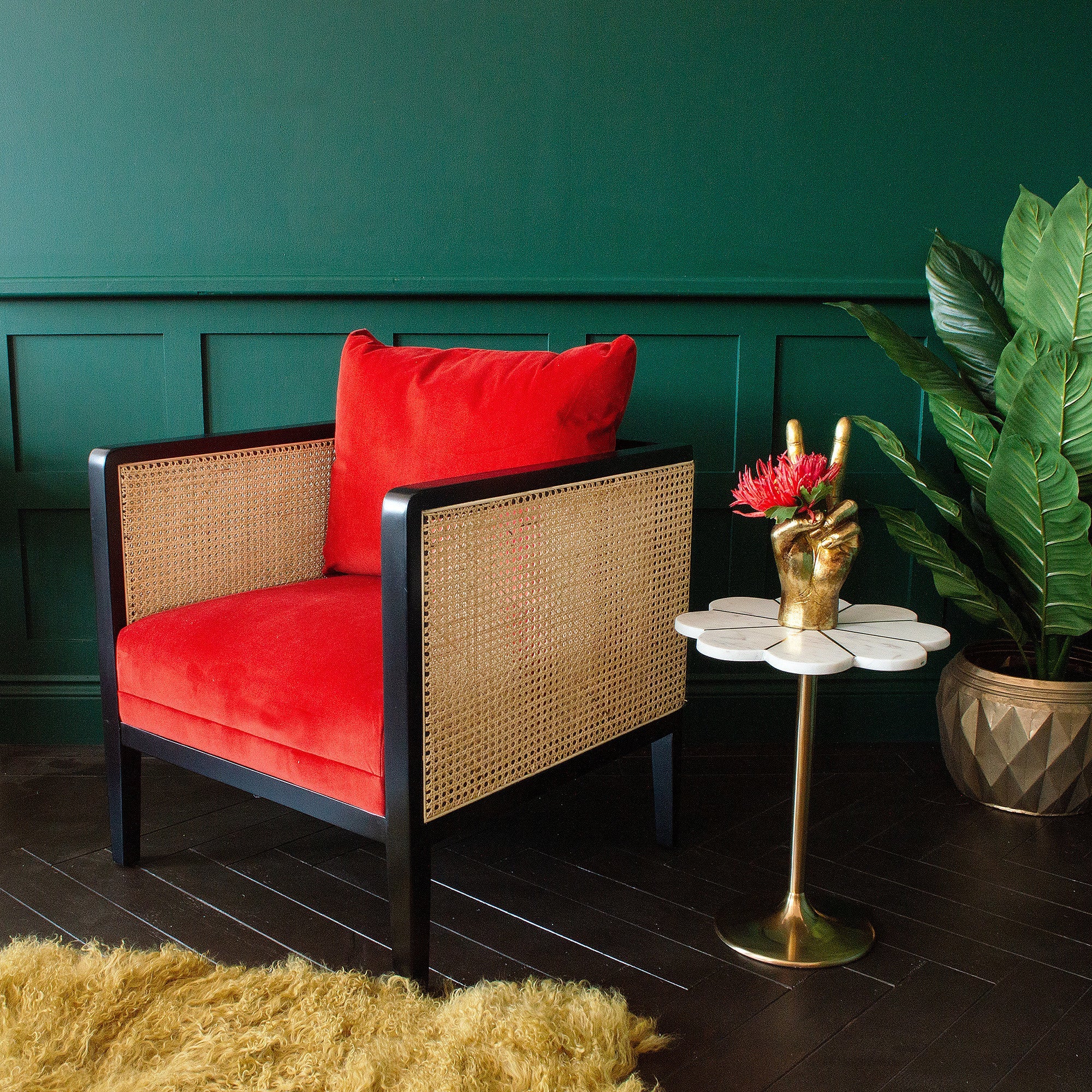 Anouk Red Velvet and Rattan Armchair