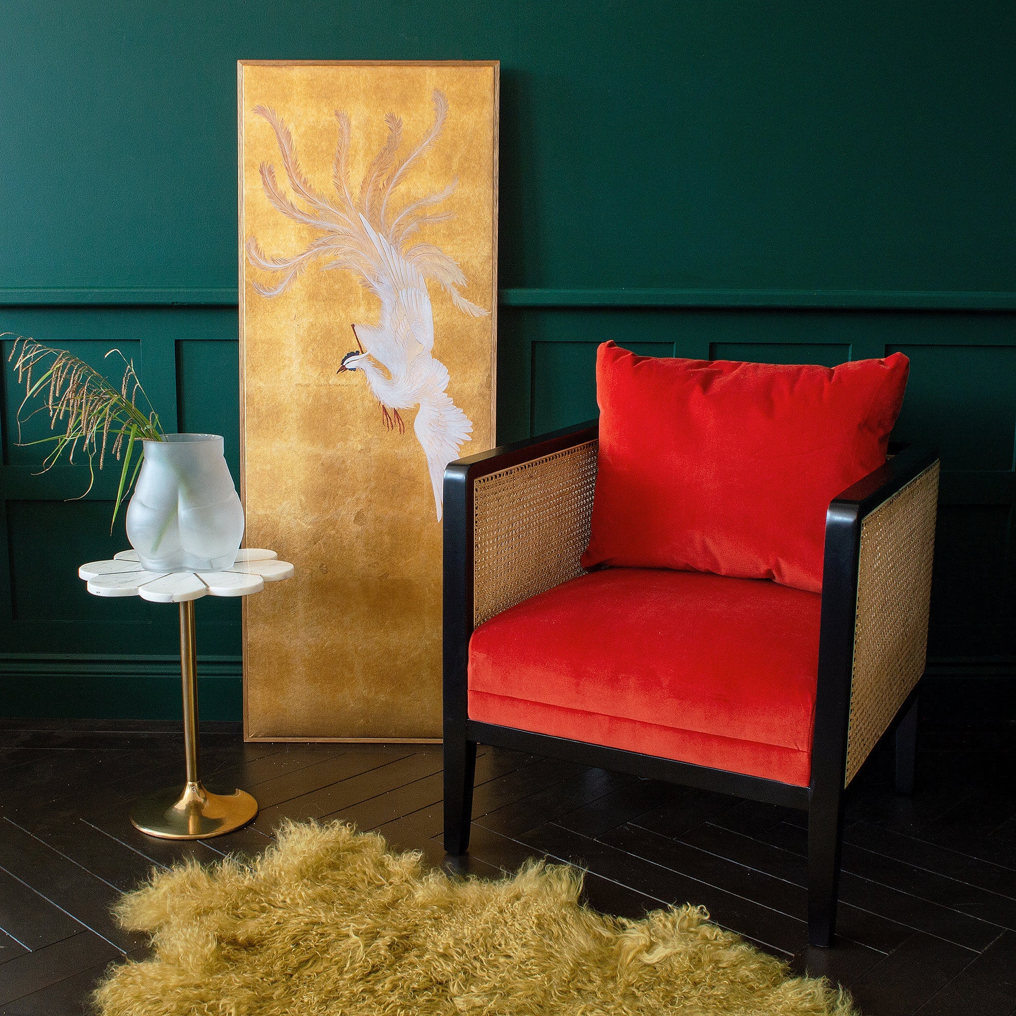 Anouk Red Velvet and Rattan Armchair