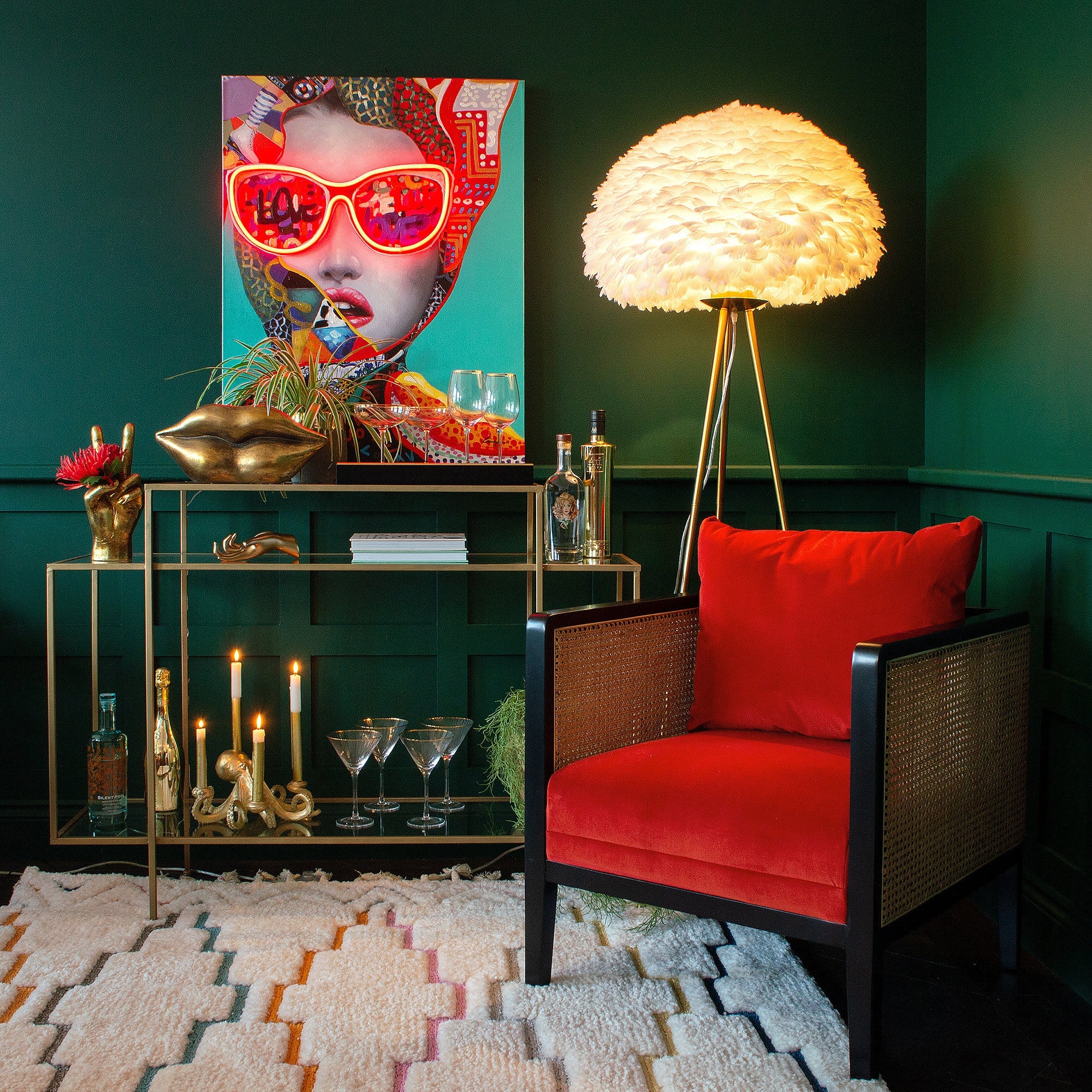 Anouk Red Velvet and Rattan Armchair