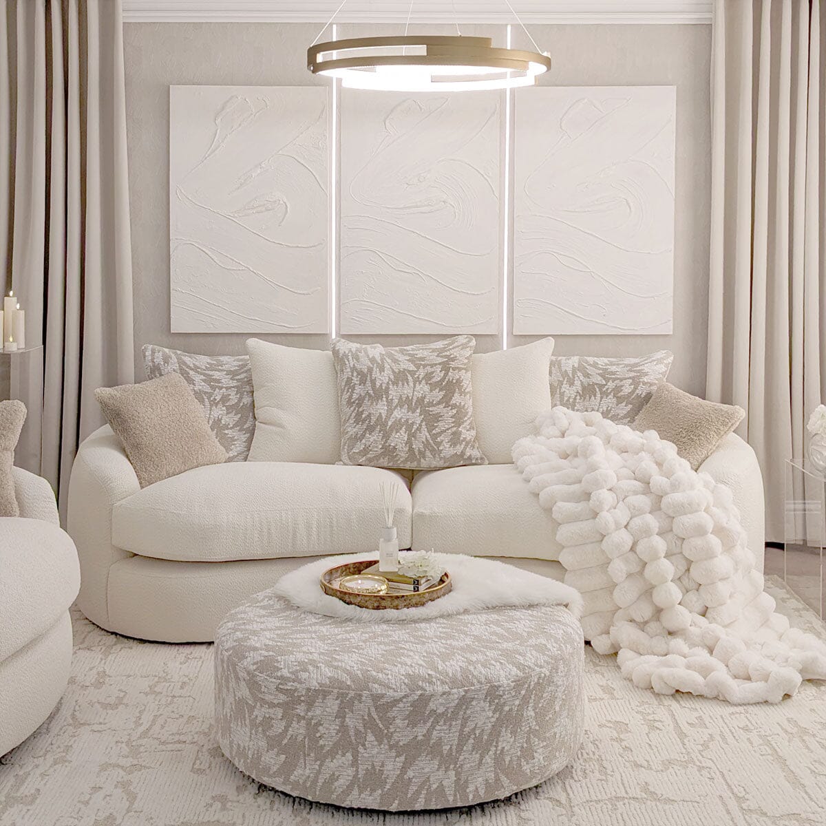 Aurelia Cream Boucle Curved Pillowback 4 Seater Sofa with Patterned Cushions