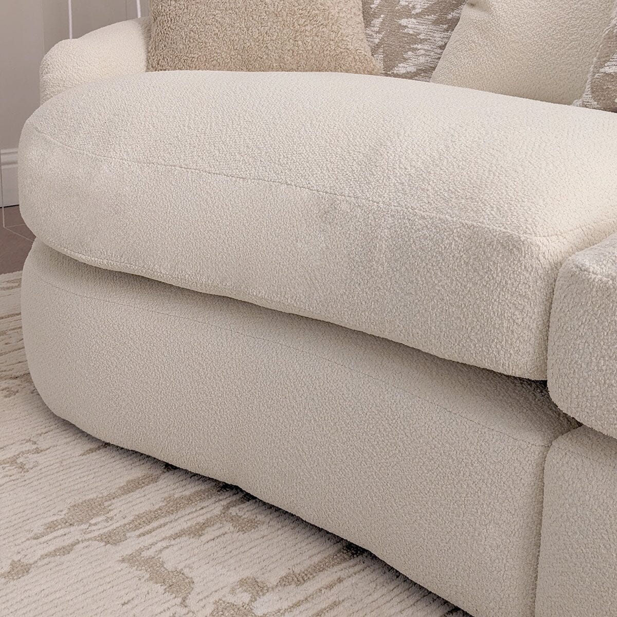 Aurelia Cream Boucle Curved Pillowback 4 Seater Sofa with Patterned Cushions
