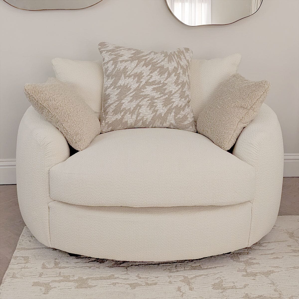 Aurelia Cream Boucle Curved Pillowback 4 Seater Sofa with Patterned Cushions