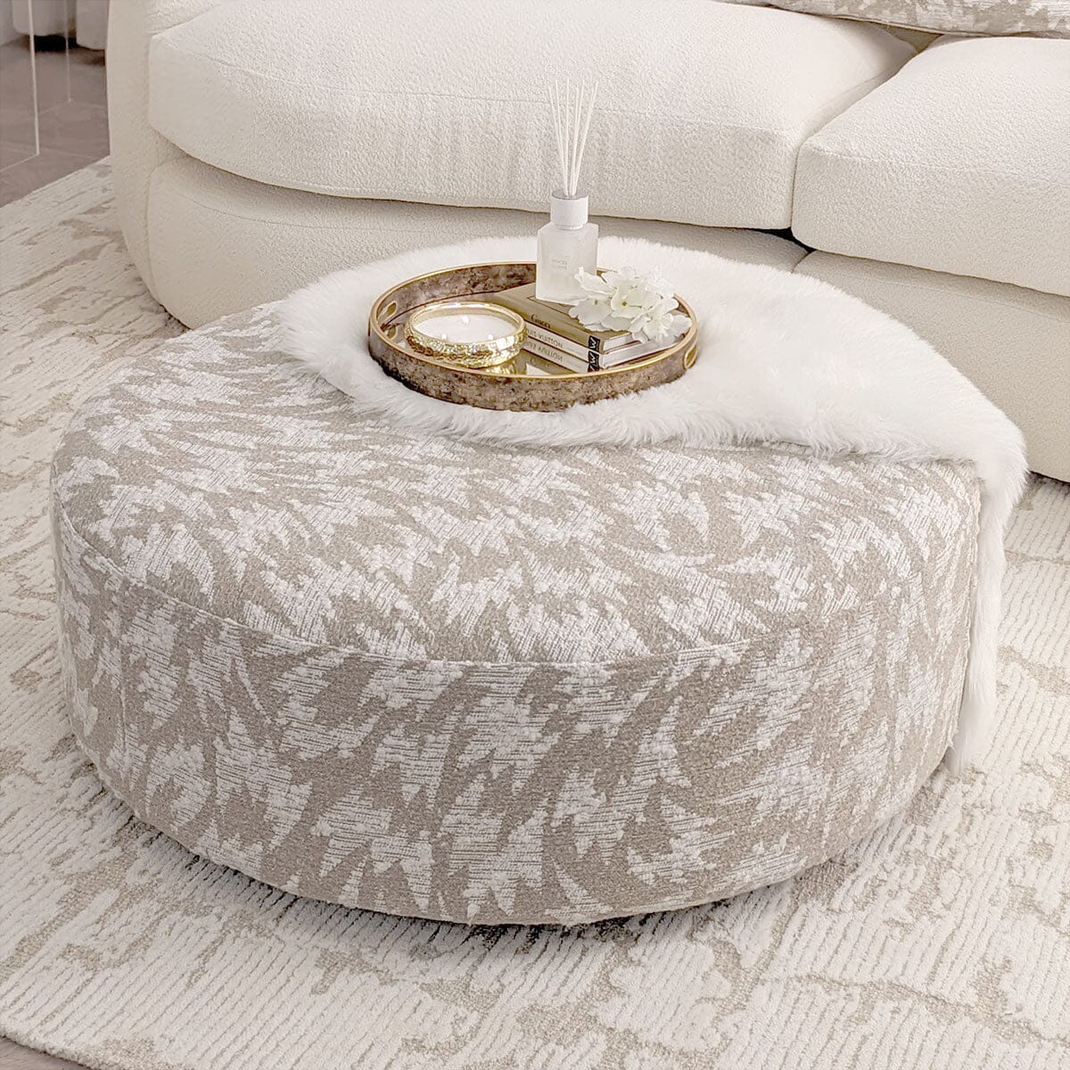 Aurelia Cream Boucle Curved Pillowback 4 Seater Sofa with Patterned Cushions