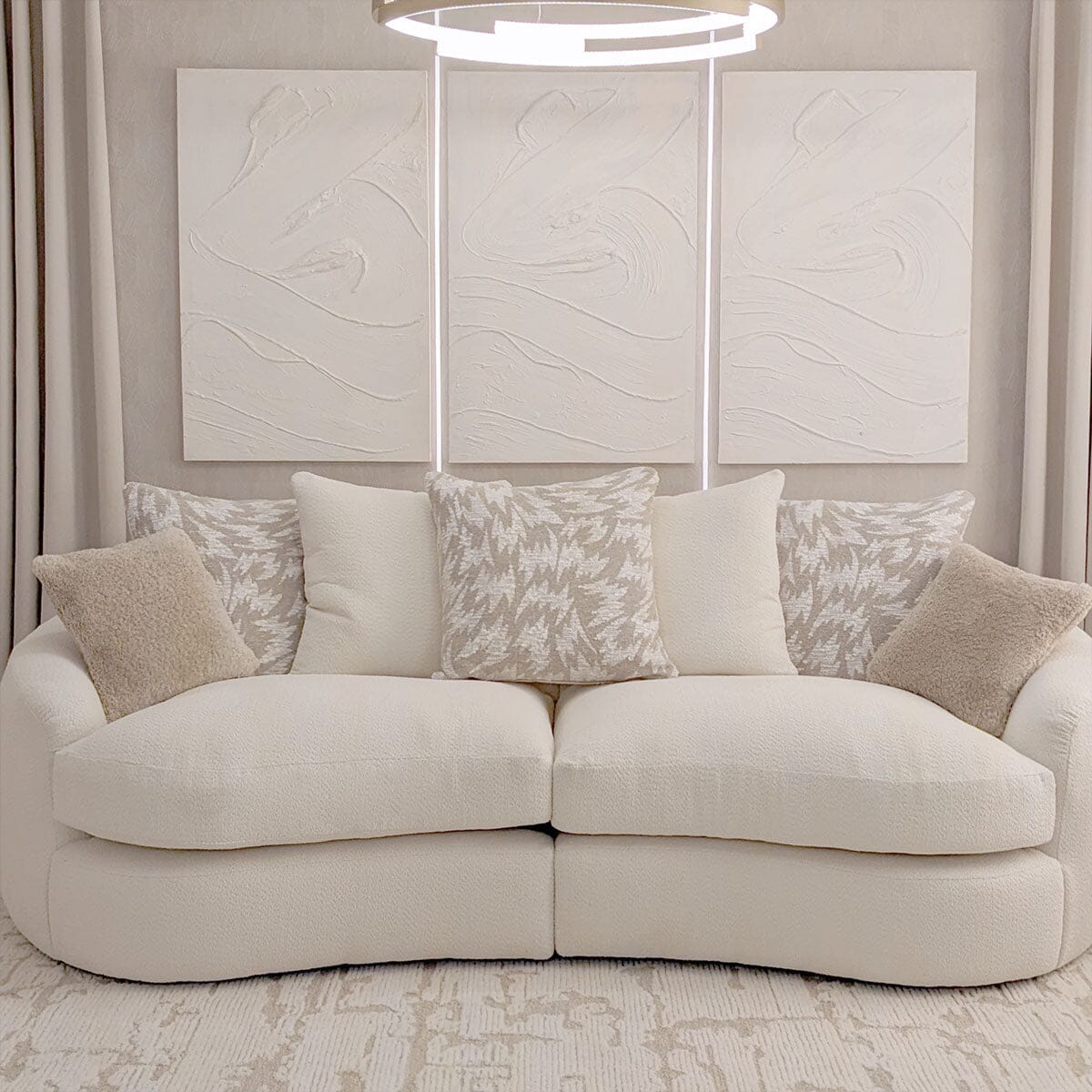 Aurelia Cream Boucle Curved Pillowback 4 Seater Sofa with Patterned Cushions