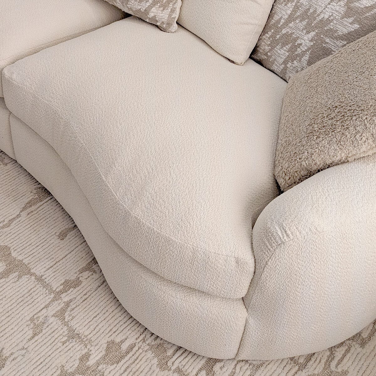 Aurelia Cream Boucle Curved Pillowback 4 Seater Sofa with Patterned Cushions