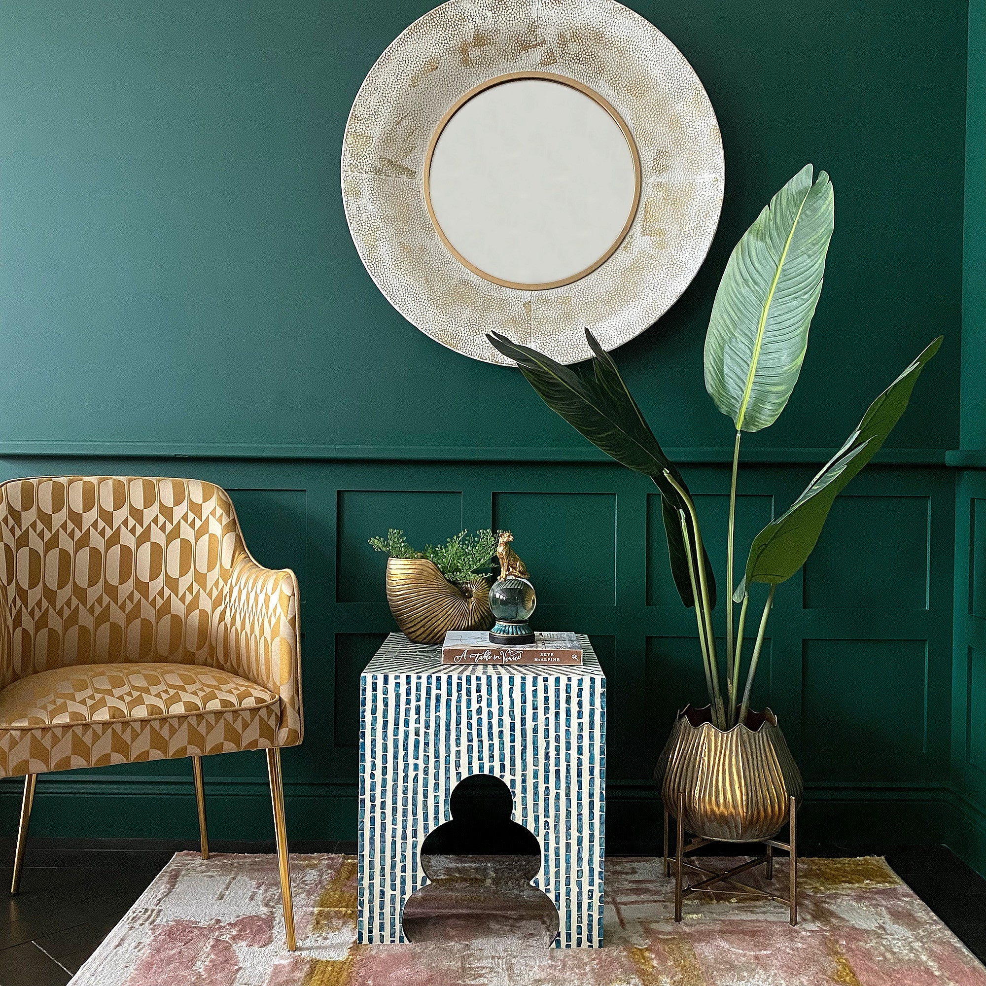 Dappled White & Gold Large Round Wall Mirror