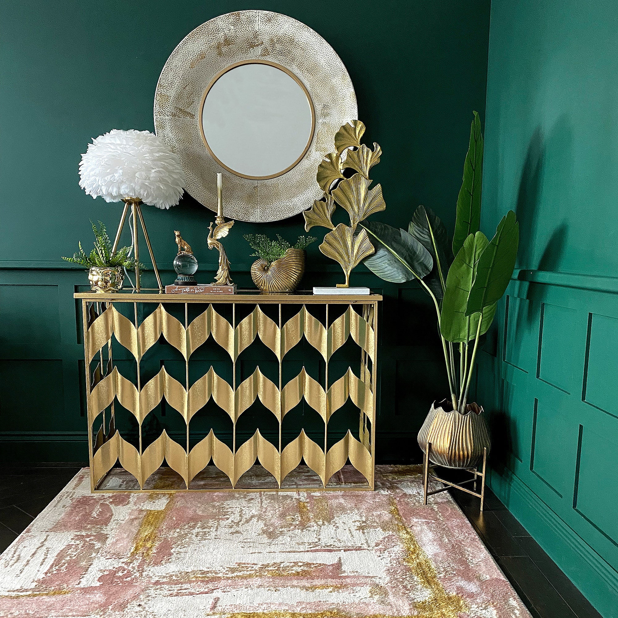 Dappled White & Gold Large Round Wall Mirror