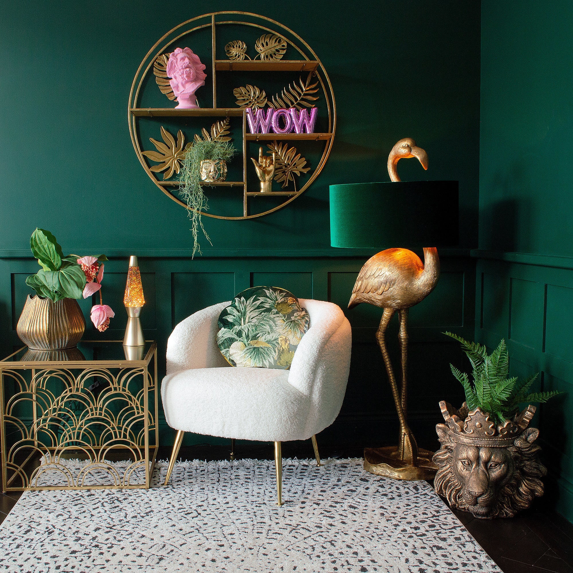Flamingo Floor Lamp | Green Velvet Shade