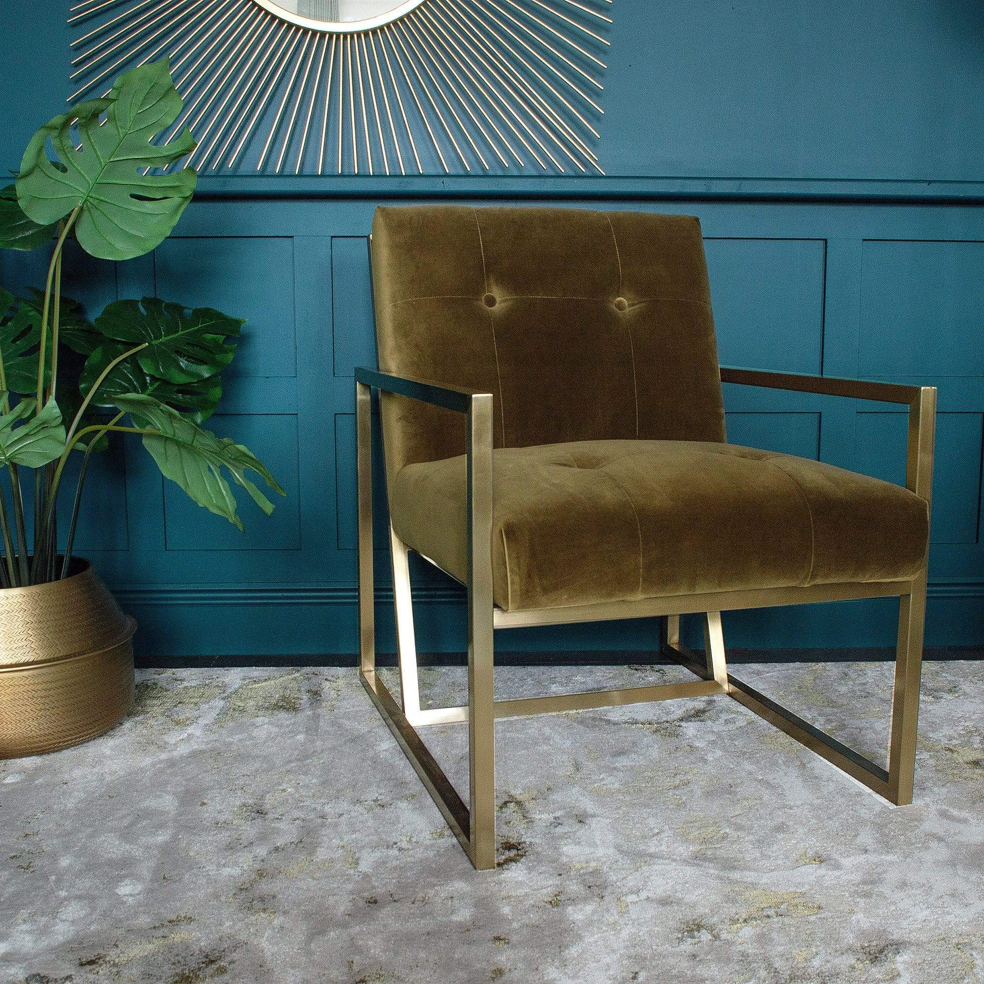 Olive Velvet Armchair | Gold Frame