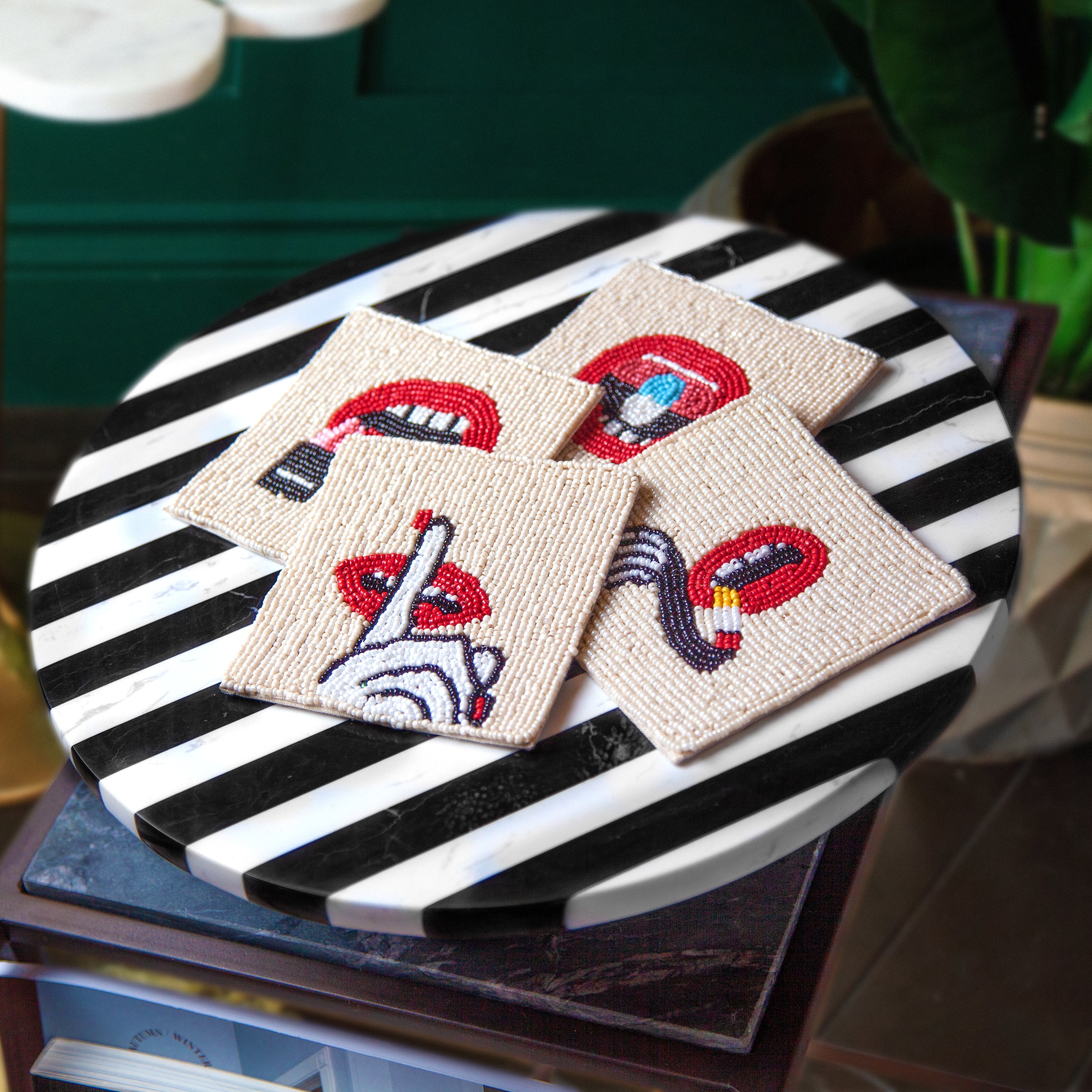 Beaded Hot Lips Drink Coasters | Set of 4