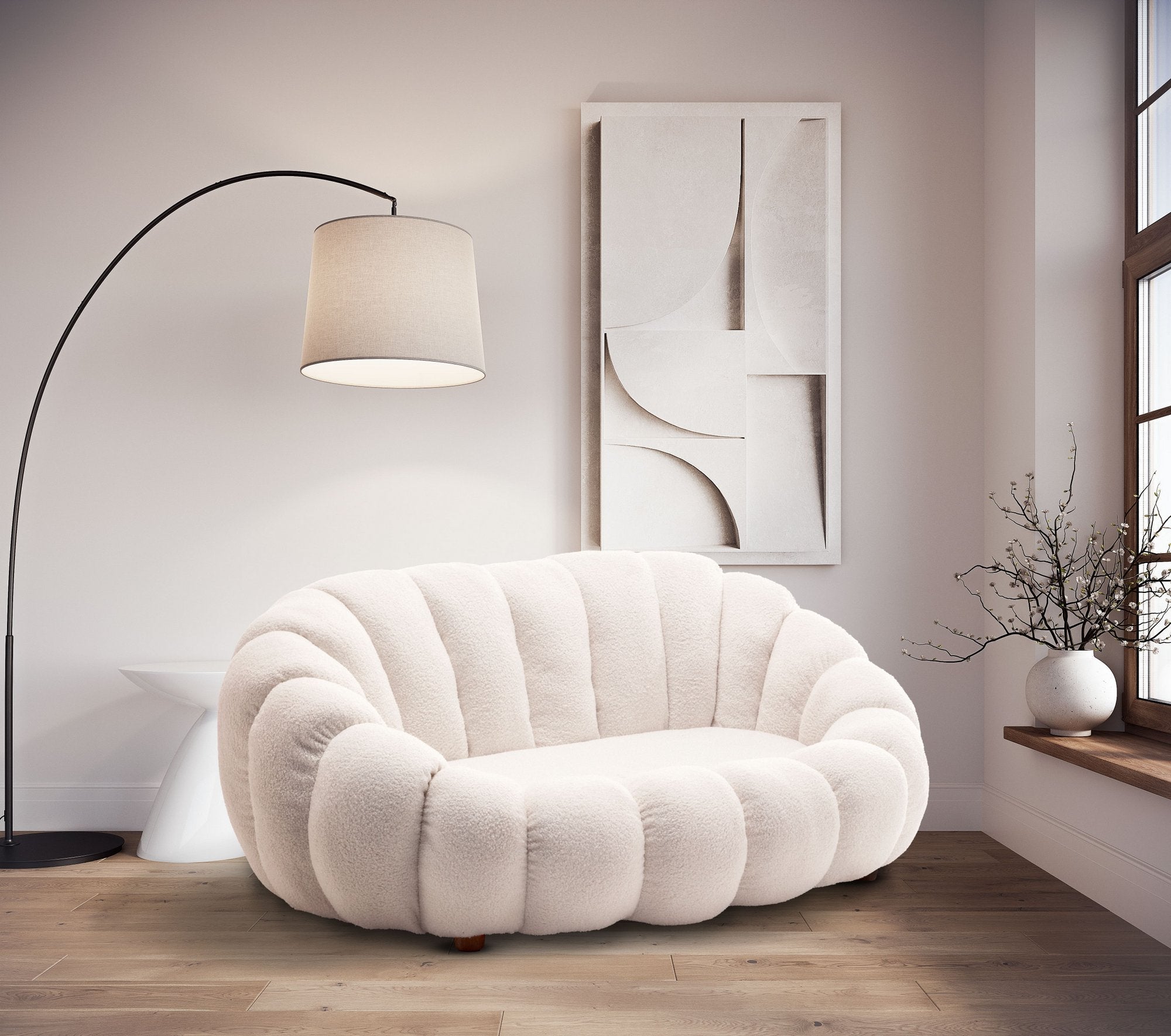 Teddy Boucle Fabric White Mirielle 2 Seat Accent Chair