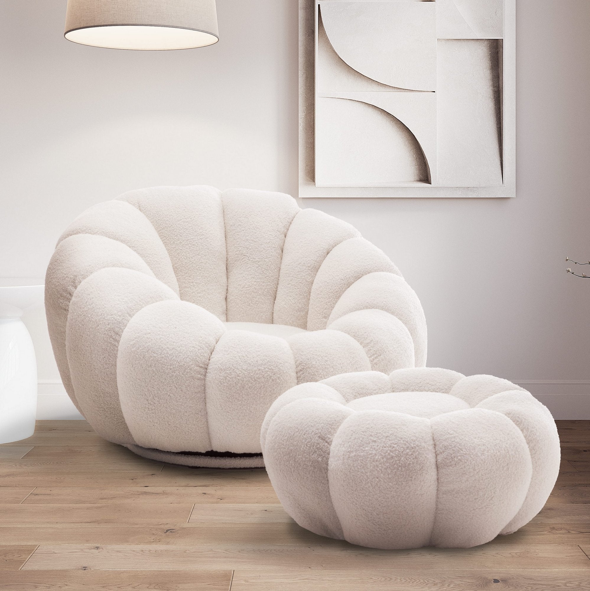 Teddy Boucle Fabric White Mirielle Swivel Accent Chair with Footstool