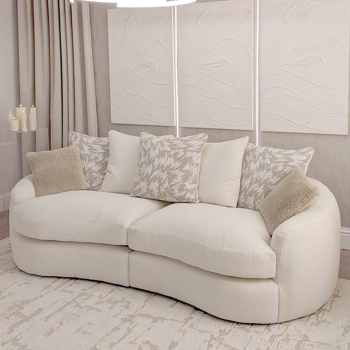 Aurelia Cream Boucle Curved Pillowback 4 Seater Sofa with Patterned Cushions