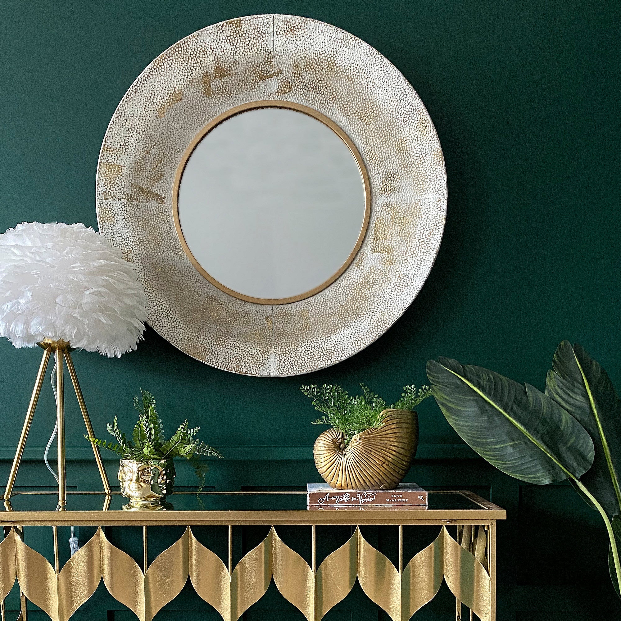 Dappled White & Gold Large Round Wall Mirror