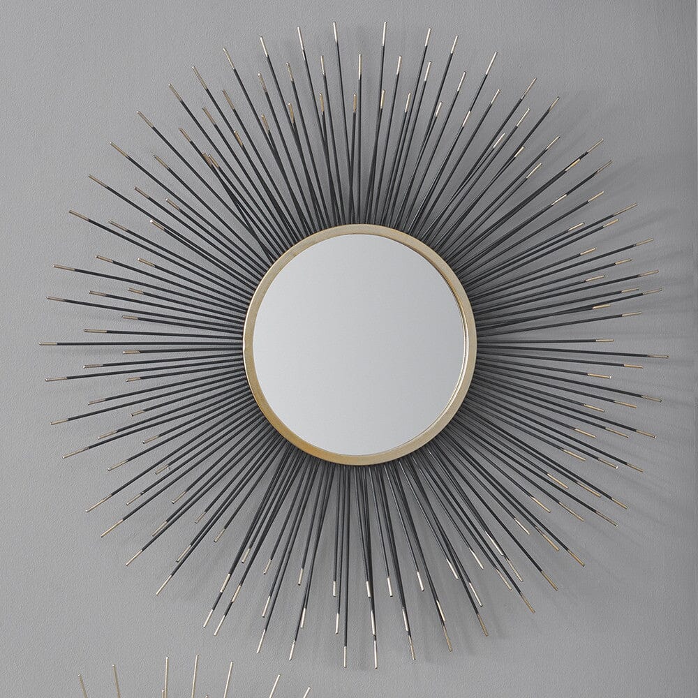 Sunburst Black & Gold Metal Round Wall Mirror
